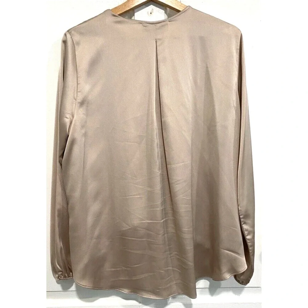 Renee C - Made in USA beige faux wrap satin V-neck blouse women's size large